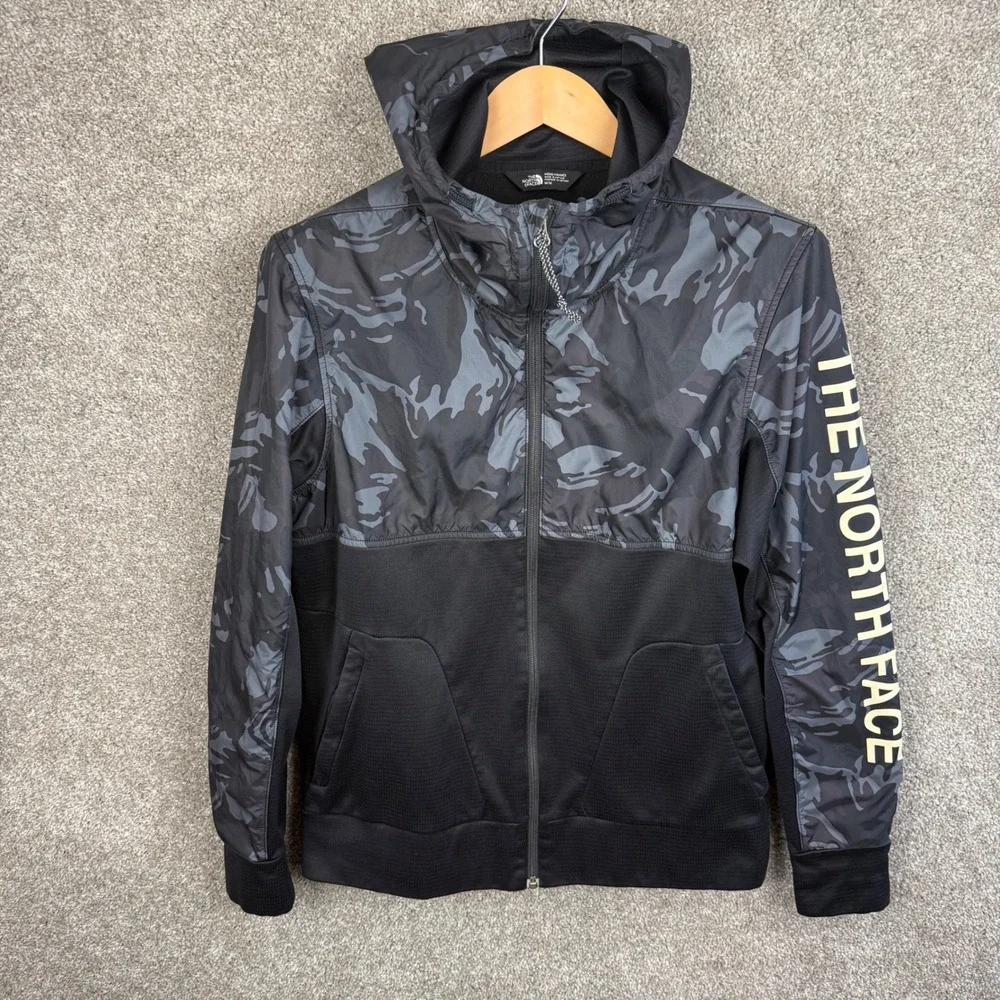 The North Face Mens Camo Full Zip Hooded Jacket Athletic Sportswear Black Medium